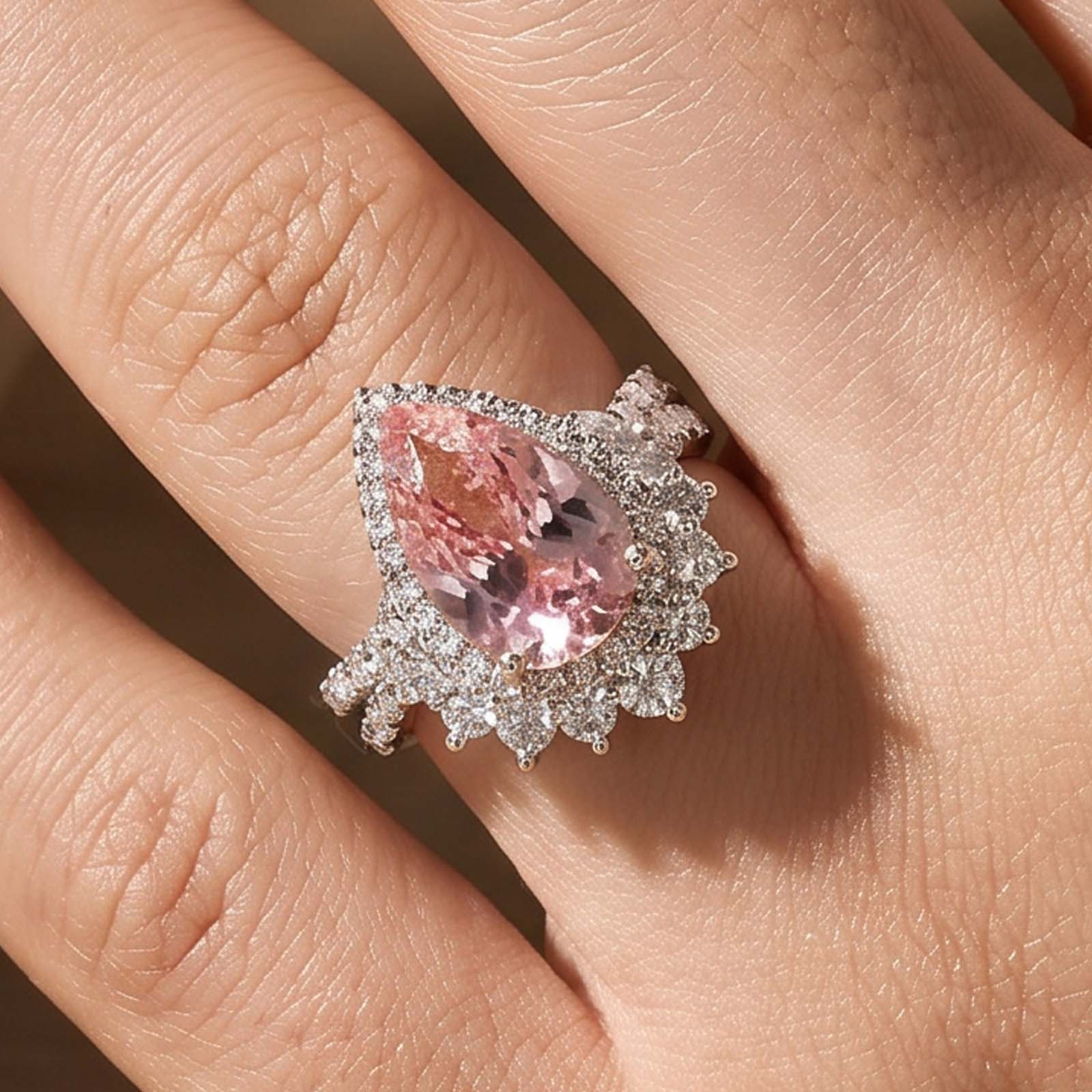 01-1 S925 Vintage 4.0Ct Pink Stone Halo Pear Cut Twist Engagement Ring In Sterling Silver - Image 1