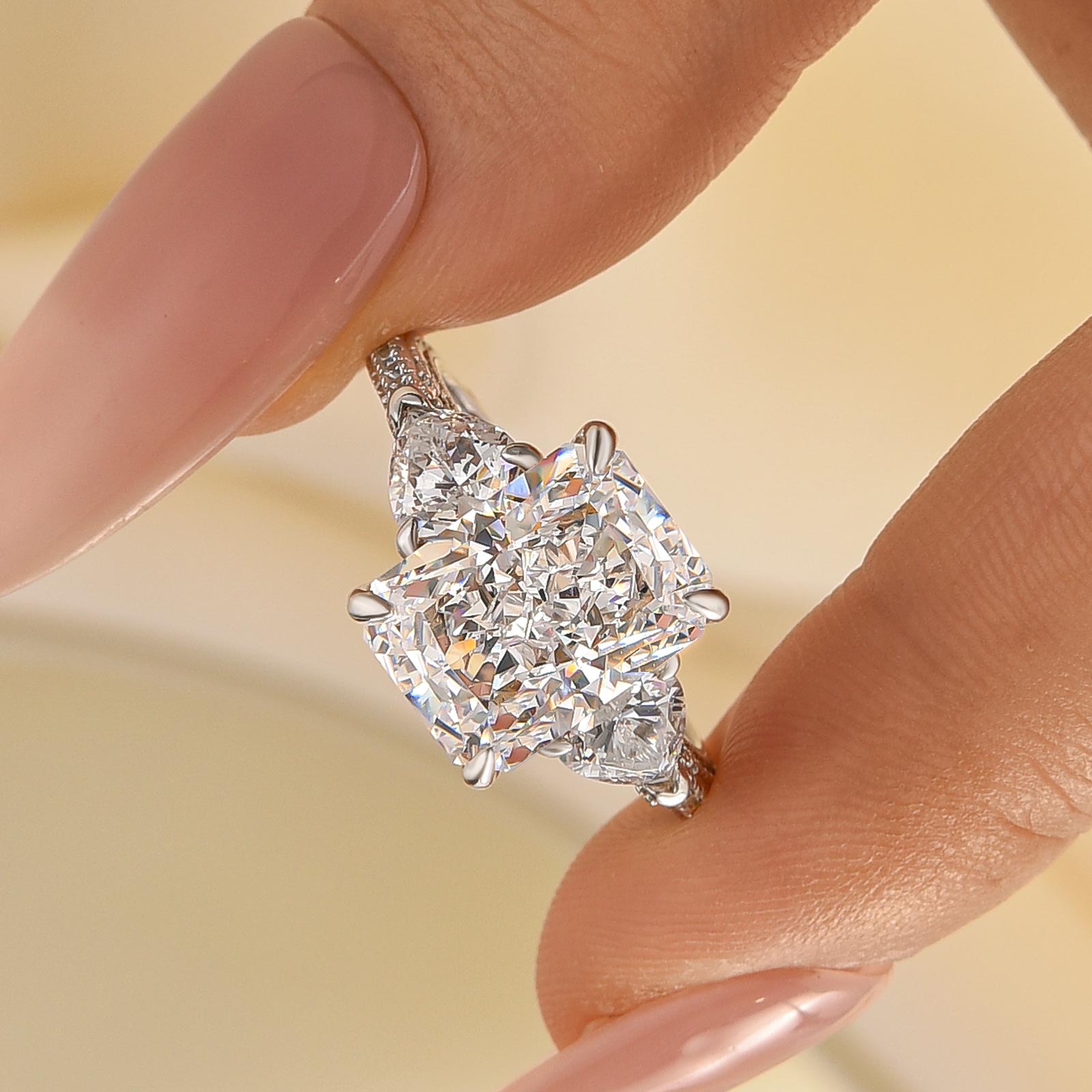 1-220 S925 Luxurious Radiant Cut & Heart Cut Three Stone Engagement Ring In Sterling Silver - Image 1