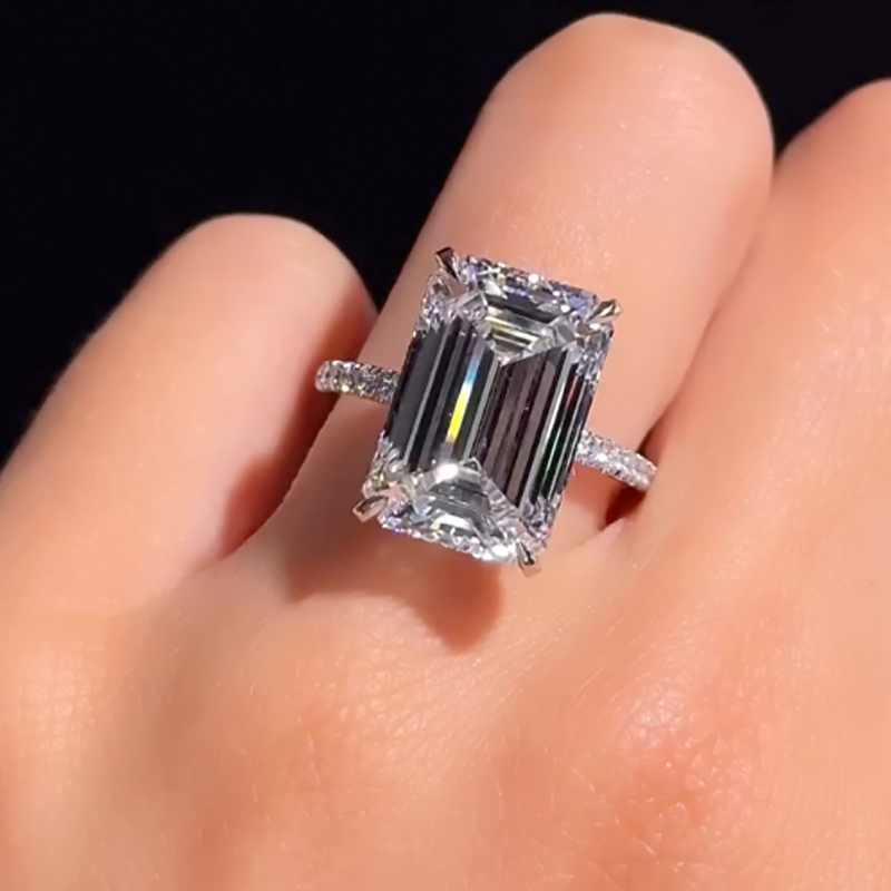 1-379 S925 10Ct Emerald Cut Engagement Ring With Hidden Halo In Sterling Silver - Image 1