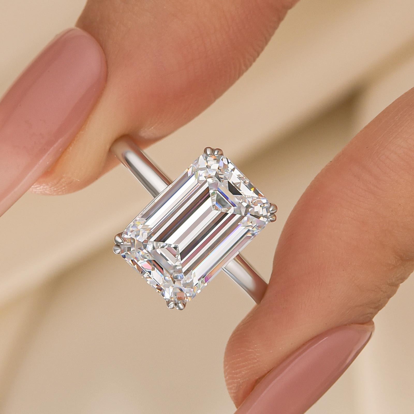 1-EfGr7X S925 Maxine 5.0Ct Solitaire Emerald Cut White Gold Travel Ring - Image 1