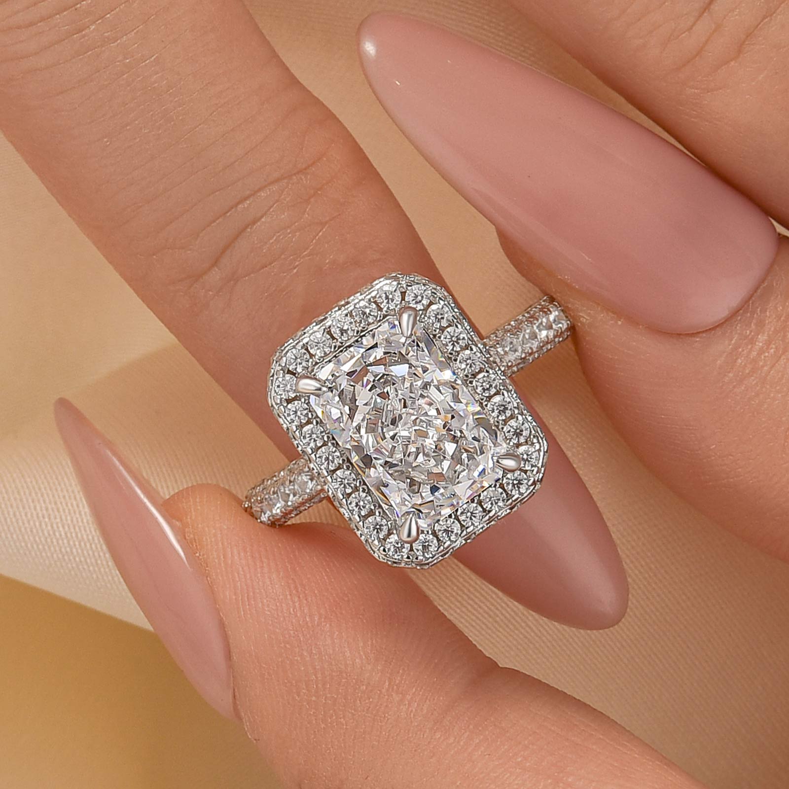 2-143 S925 Maxine Simulated Diamond Halo Radiant Cut Engagement Ring - Image 1