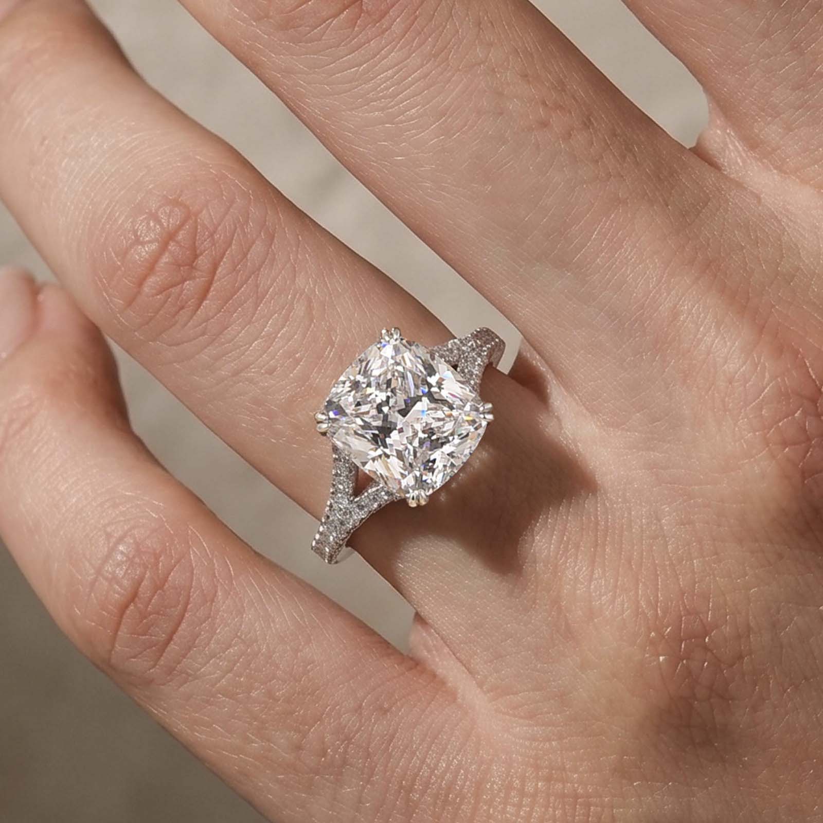 5-2q9EeA S925 Split Shank 4.0Ct Cushion Cut Engagement Ring in Sterling Silver - Image 1