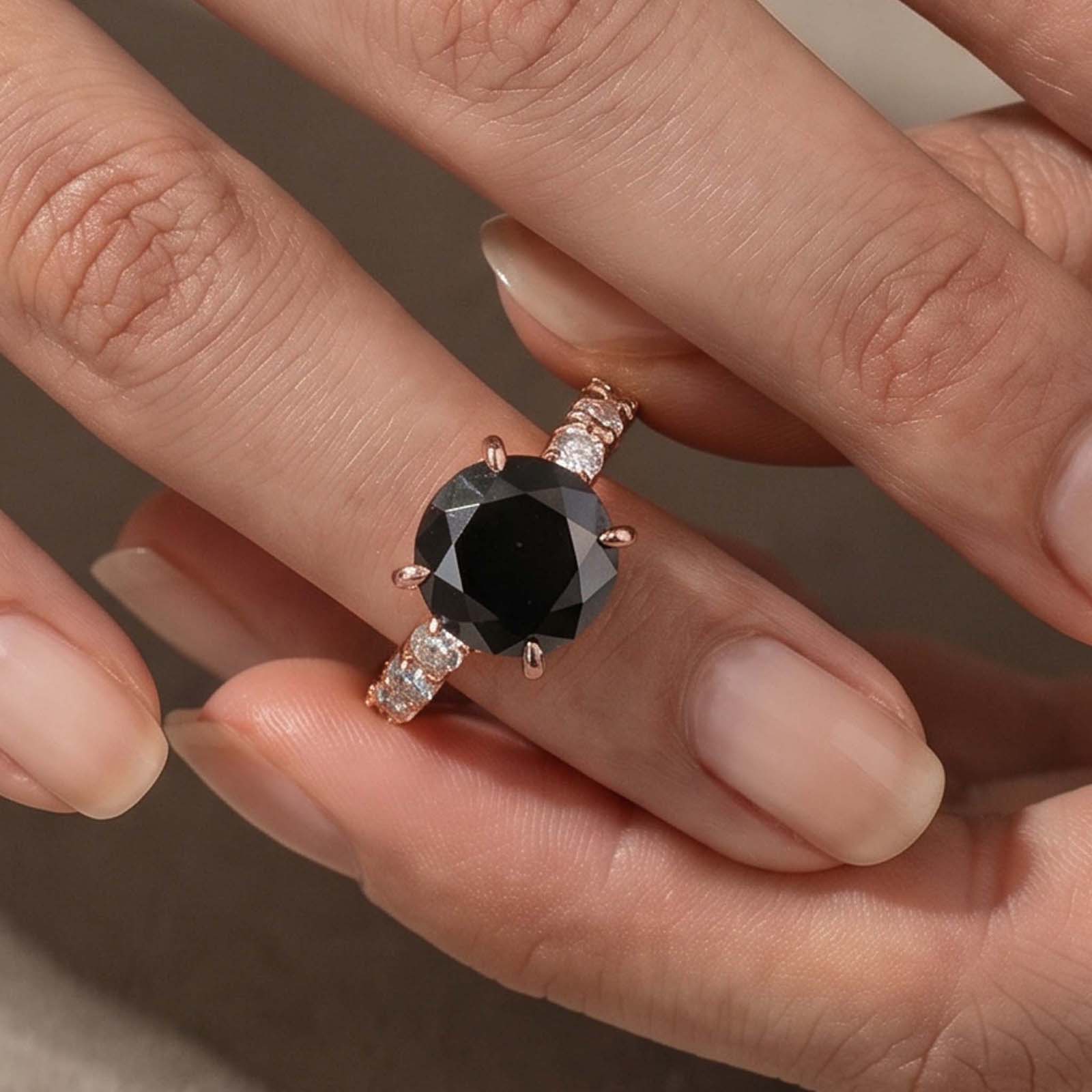6-54 S925 Black Moissanite 4.0 Carat Hidden Halo Round Cut Rose Gold Engagement Ring - Image 1