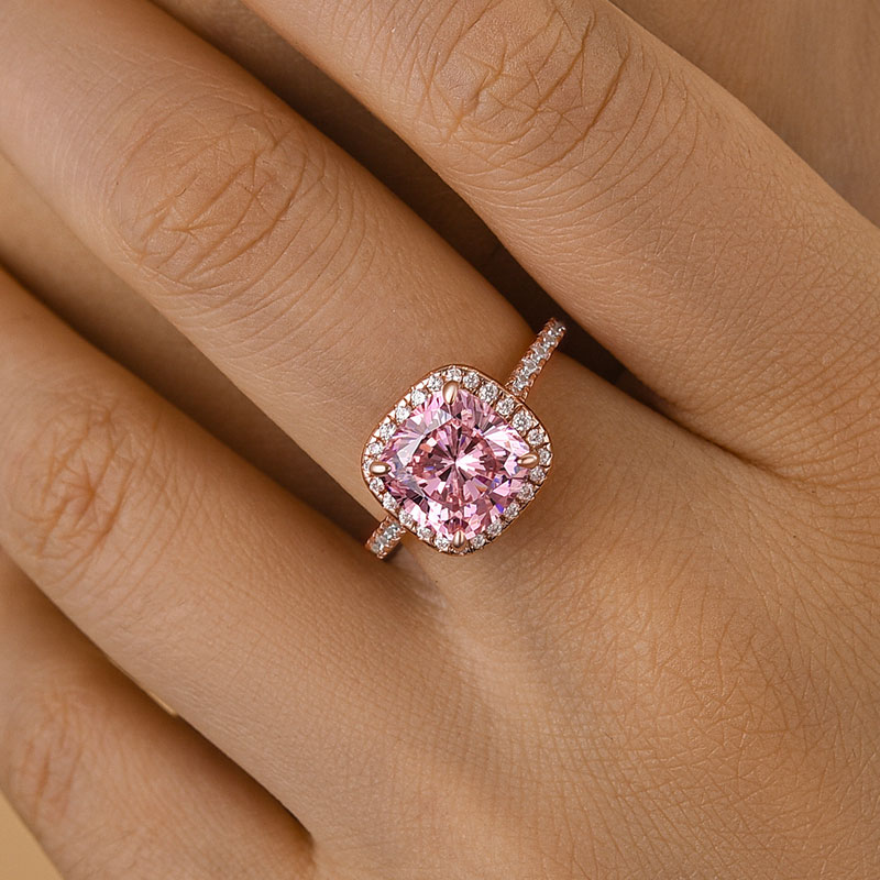 DSC-13602 S925 Elegant Cushion Cut Synthetic Morganite Halo Engagement Ring In Sterling Silver - Image 1