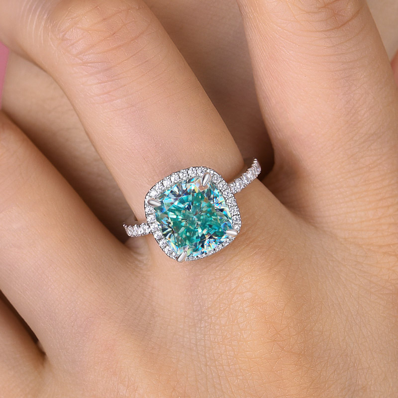 DSC-5037-1 S925 Exquisite Halo Cushion Cut Cyan Blue Engagement Ring In Sterling Silver - Image 1