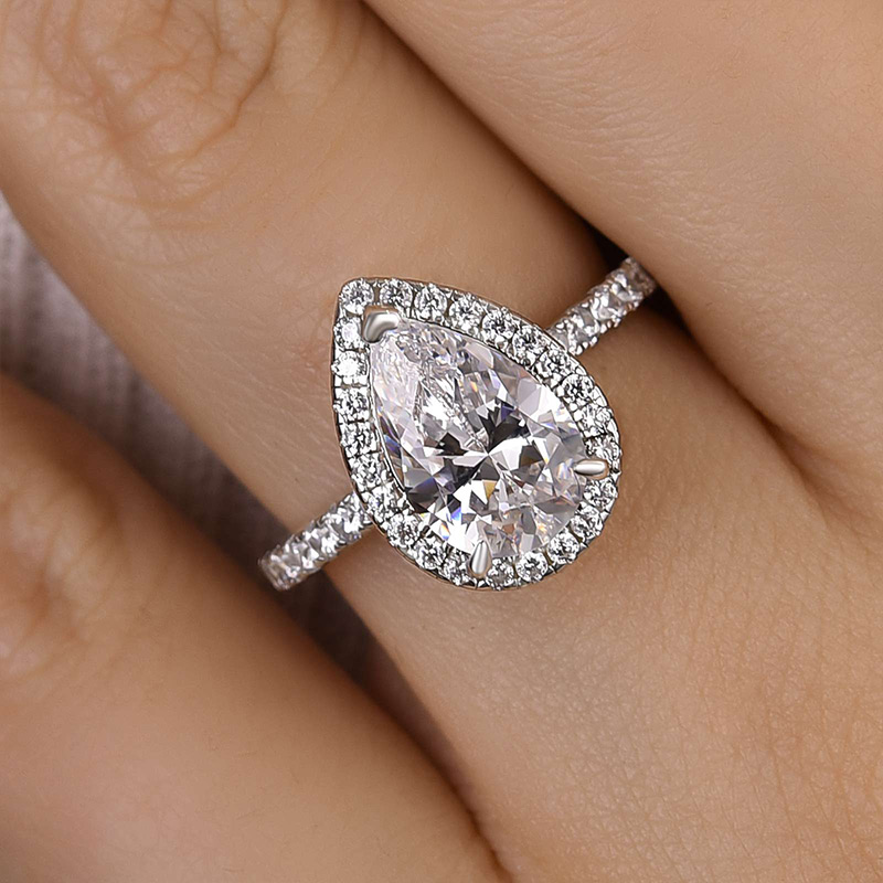 DSC-5113-1 S925 Classic 2.2 Carat Simulated Diamond Pear Cut Halo Engagement Ring for Her - Image 1