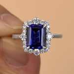S925 3.0 Carat Halo Emerald Cut Blue Sapphire Engagement Ring In Sterling Silver