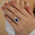 S925 3.0 Carat Halo Emerald Cut Blue Sapphire Engagement Ring In Sterling Silver - Image 3