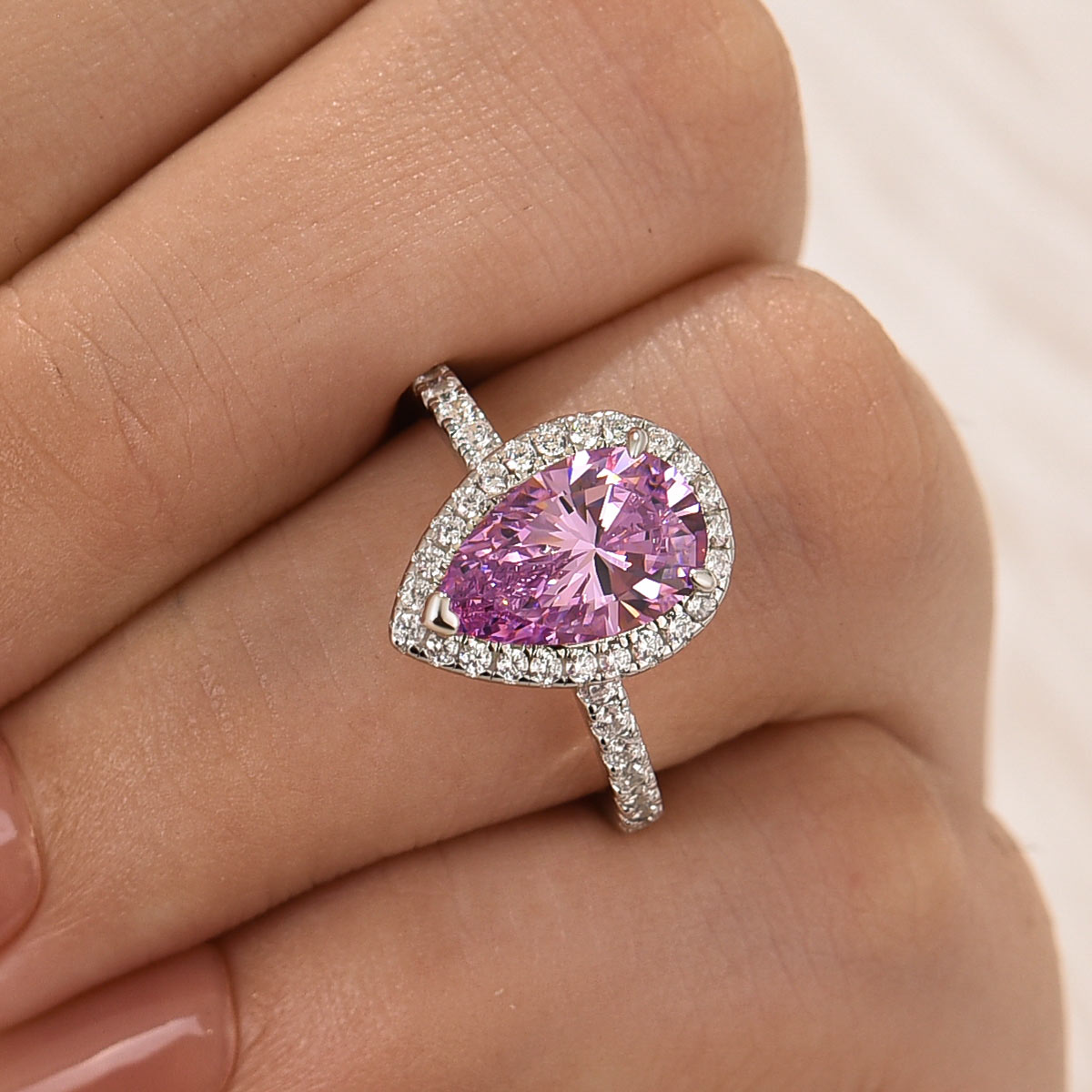 DSC-51962 S925 Classic 2.2 Carat Purple Pear Cut Halo Engagement Ring for Her - Image 1