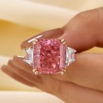 S925 Luxurious Pink Stone Radiant Cut Three Stone Engagement Ring In Sterling Silver