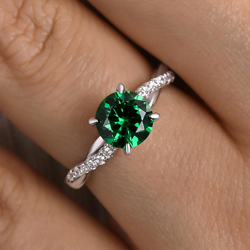 DSC-5949-1 S925 Twist Round Cut Emerald Green Engagement Ring In Sterling Silver - Image 1