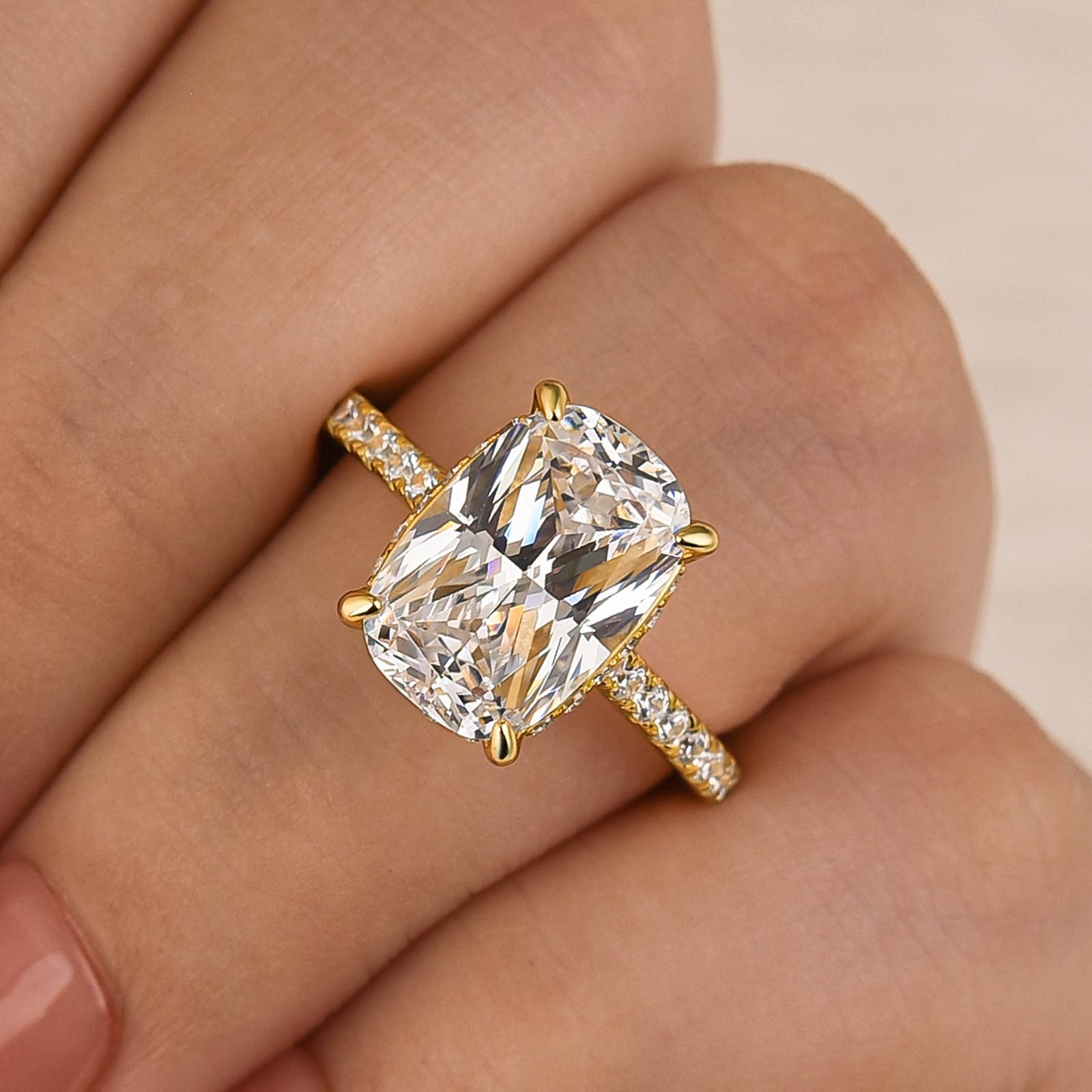 DSC-8550P-2-1759823235 S925 Bright 5.5Ct Cushion Cut Pavé Yellow Gold Engagement Ring For Women In Sterling Silver - Image 1