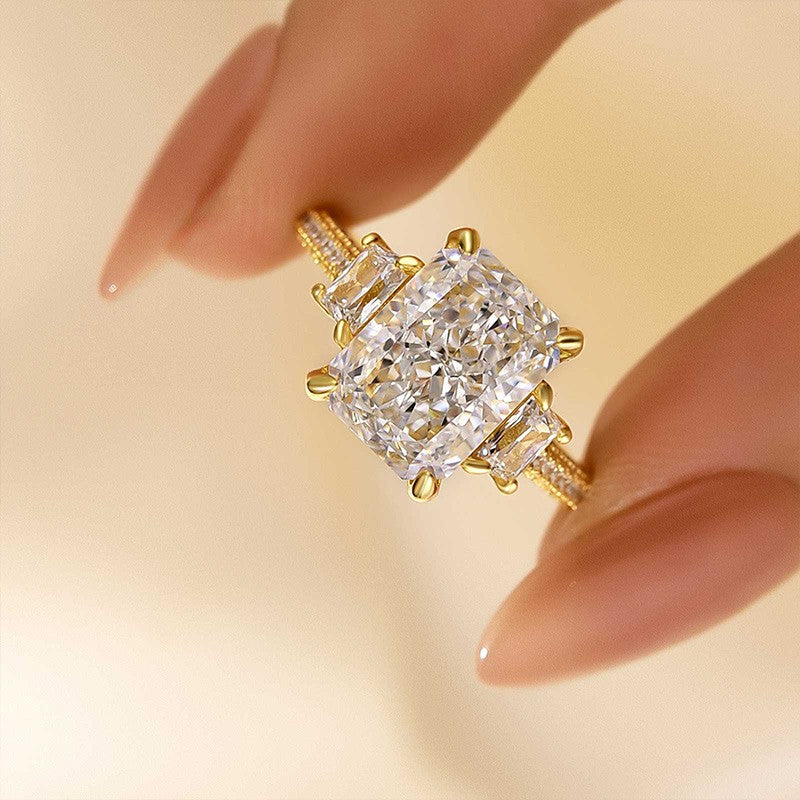 ER1041YS-1-1748600466 S925 4.5Ct Radiant Cut Three Stone Yellow Gold Promise Ring Engagement Ring In Sterling Silver - Image 1
