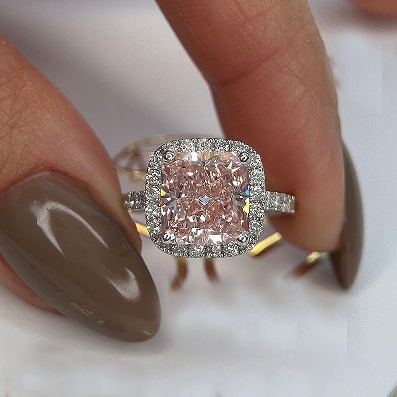 ER1121PS-4 S925 Excellent Halo Radiant Cut Pink Stone Engagement Ring - Image 1