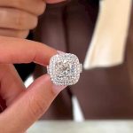 S925 Double Halo Three Shank 6.5Ct Cushion Cut 18K White Gold Engagement Ring