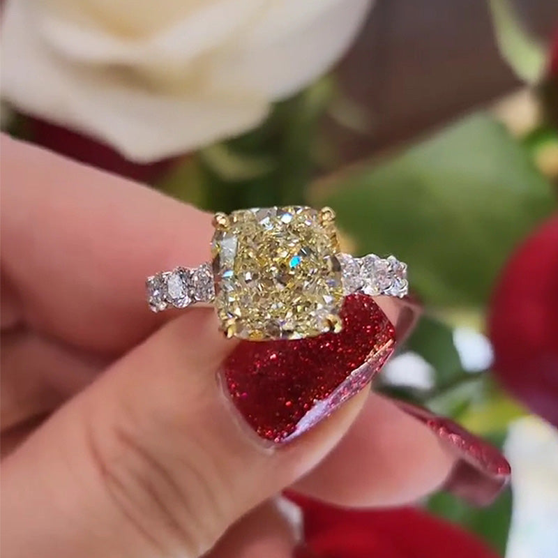 ER1175PS-3 S925 Stunning Two-Tone Cushion Cut Yellow Sapphire Engagement Ring - Image 1