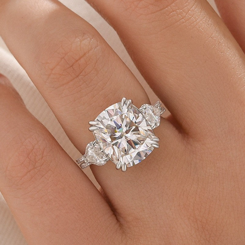 ER1240PM-3-1751423365 S925 Moissanite 6.0Ct Cushion Cut Three Stone Engagement Ring In Sterling Silver - Image 1