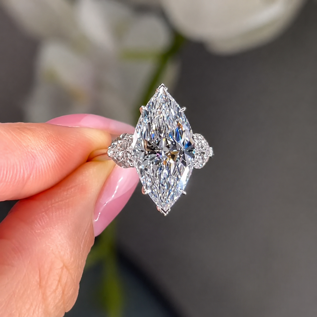 ER1359PS-1 S925 Maxine 6.0Ct/6.5Ct Marquise Cut Three Stone Engagement Ring In Sterling Silver - Image 1
