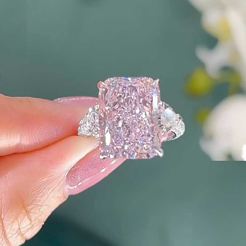 ER1402 S925 Maxine Pink Stone Radiant Cut Three Stone Engagement Ring - Image 1