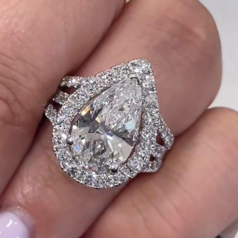 ER1441PS S925 Maxine Vintage Split Shank Halo 4.5Ct Pear Cut Engagement Ring In Sterling Silver - Image 1