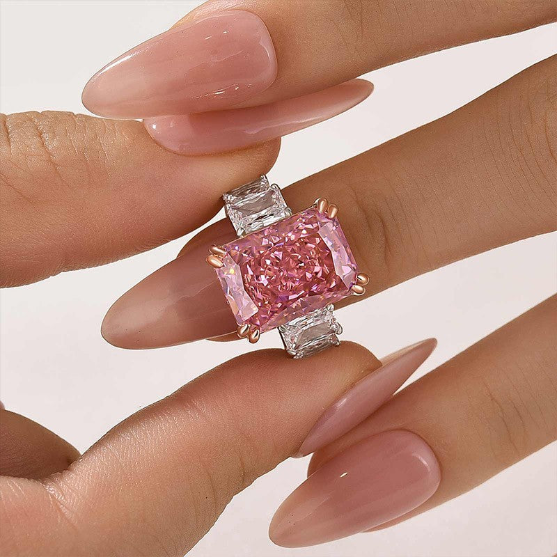 ER1536TS-8-1753676284 S925 10.0Ct Pink Stone Radiant Cut Side Stone Engagement Ring Travel Ring In Sterling Silver - Image 1