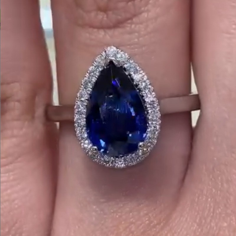 ER1616PS-1-1752634201 S925 2.2Ct Halo Pear Cut Blue Stone Engagement Ring In Sterling Silver - Image 1