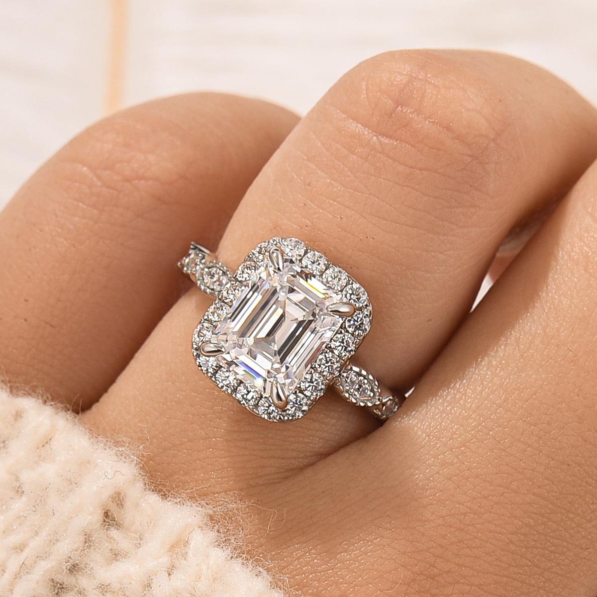 ER1624PS-3-a9x0Rw S925 2.5Ct Luxury Halo Emerald Cut Simulated Diamond Engagement Ring - Image 1