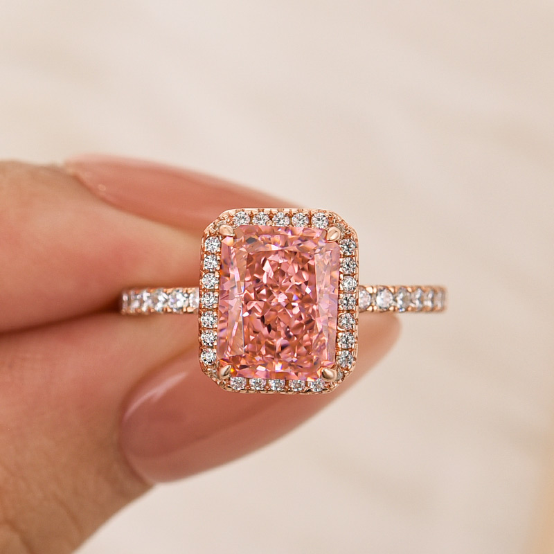 ER1665RS-5 S925 3.0Ct Radiant Cut Halo Pink Stone Engagement Ring In Sterling Silver - Image 1