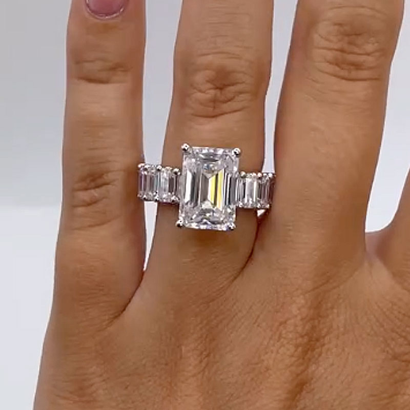 ER1716P-1 S925 5.0Ct Emerald Cut Engagement Ring Travel Ring In Sterling Silver - Image 1