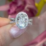 S925 3.0Ct Oval Cut White Stone Split Shank Pavé Halo Engagement Rings
