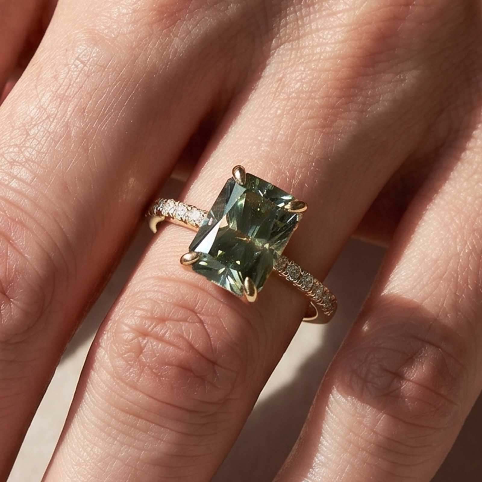 ER1894YMSS-1-yPA256 S925 Green Moissanite 3.5Ct Radiant Cut Yellow Gold & White Gold Engagement Ring For Women - Image 1