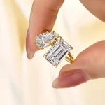 S925 Unique Double Stones Design Emerald Cut & Pear Cut Engagement Ring In Sterling Silver