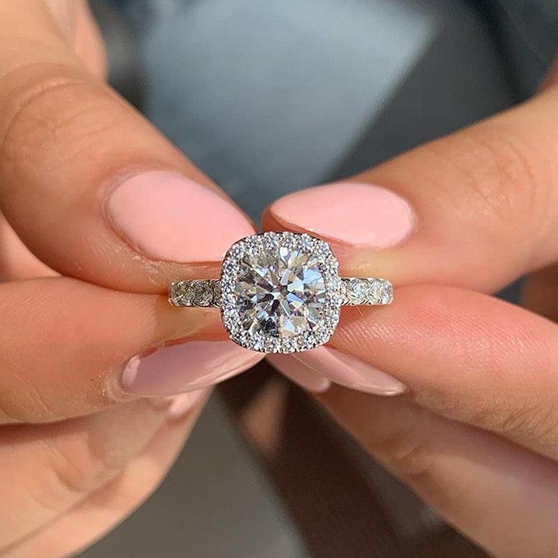 ER573-3-6155e9d4-9810-46e8-9707-0b44bb4c6236 S925 Stunning Halo Round Cut Simulated Diamond Engagement Ring In Sterling Silver - Image 1