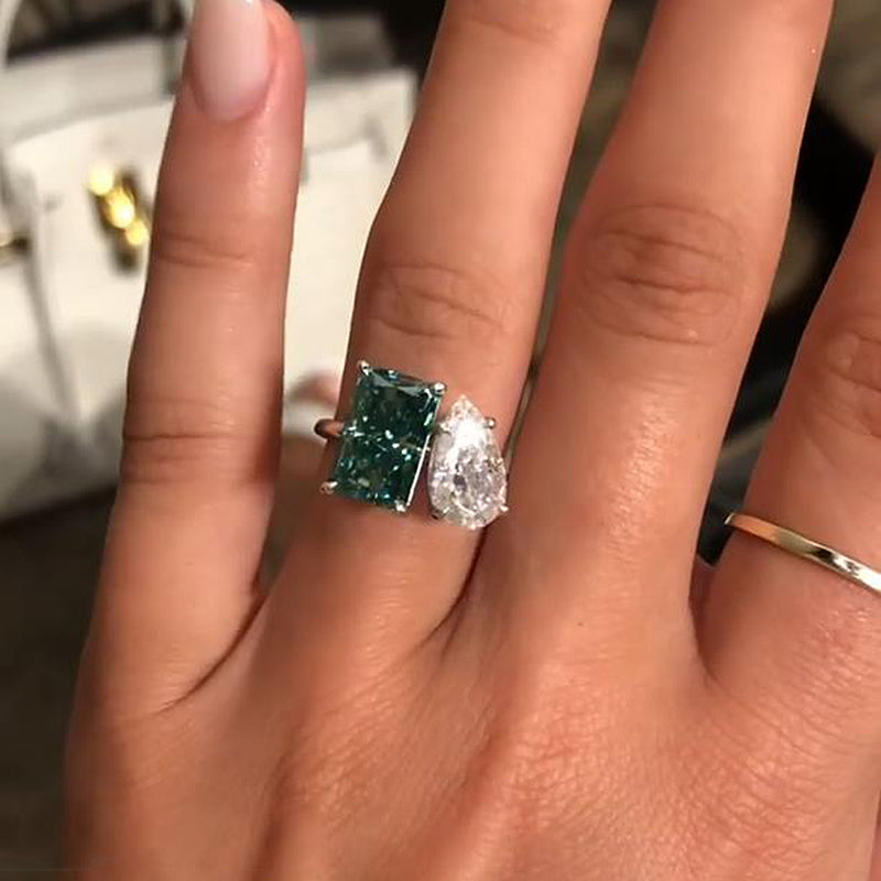 ER608-1 S925 Unique Two Stones Design Radiant & Pear Cut Engagement Ring In Sterling Silver - Image 1