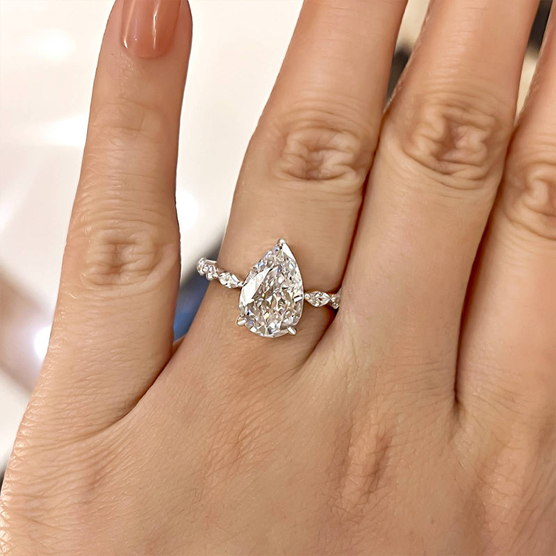 ER913PS-1 S925 Sparkle Pear Cut Sona Simulated Diamond Engagement Ring In Sterling Silver - Image 1