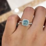 S925 Exclusive Halo Asscher Cut Light Aquamarine Blue Engagement Ring In Sterling Silver - Image 2