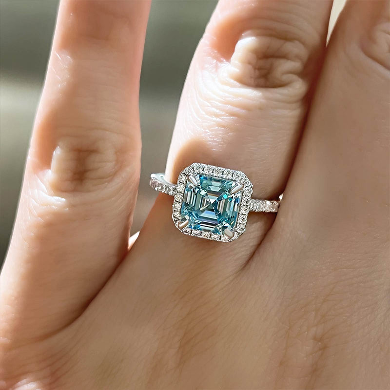 IMG-2205 S925 Exclusive Halo Asscher Cut Light Aquamarine Blue Engagement Ring In Sterling Silver - Image 1