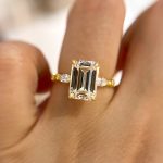 S925 Classic Yellow Gold Emerald Cut Three Stone Engagement Ring For Women In Sterling Silver - Image 2