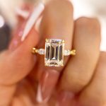 S925 Classic Yellow Gold Emerald Cut Three Stone Engagement Ring For Women In Sterling Silver - Image 3
