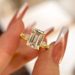 S925 Classic Yellow Gold Emerald Cut Three Stone Engagement Ring For Women In Sterling Silver