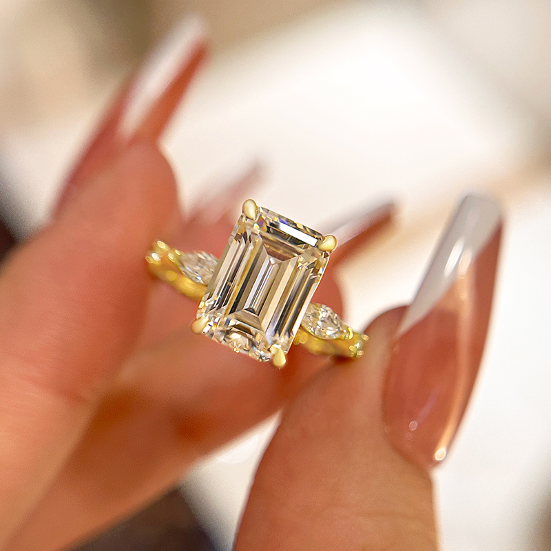 IMG-3268 S925 Classic Yellow Gold Emerald Cut Three Stone Engagement Ring For Women In Sterling Silver - Image 1