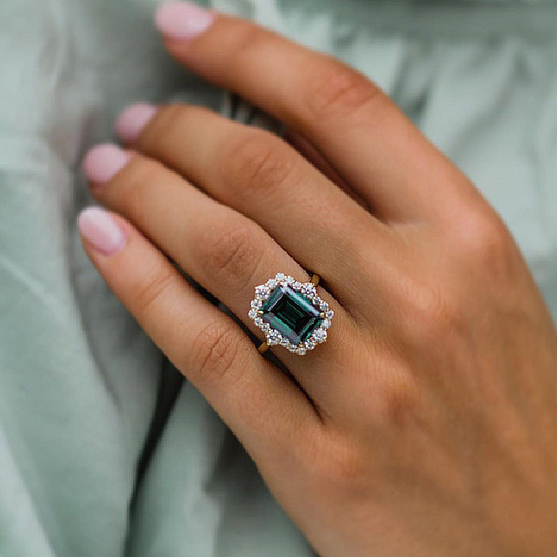 green-1 S925 Yellow Gold Halo Emerald Cut Engagement Ring In Sterling Silver - Image 1